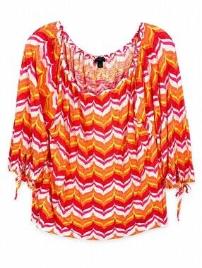 Ann Taylor Womens M Coral Pink Chevron Peasant Blouse 3/4 Sleeve Boho Top